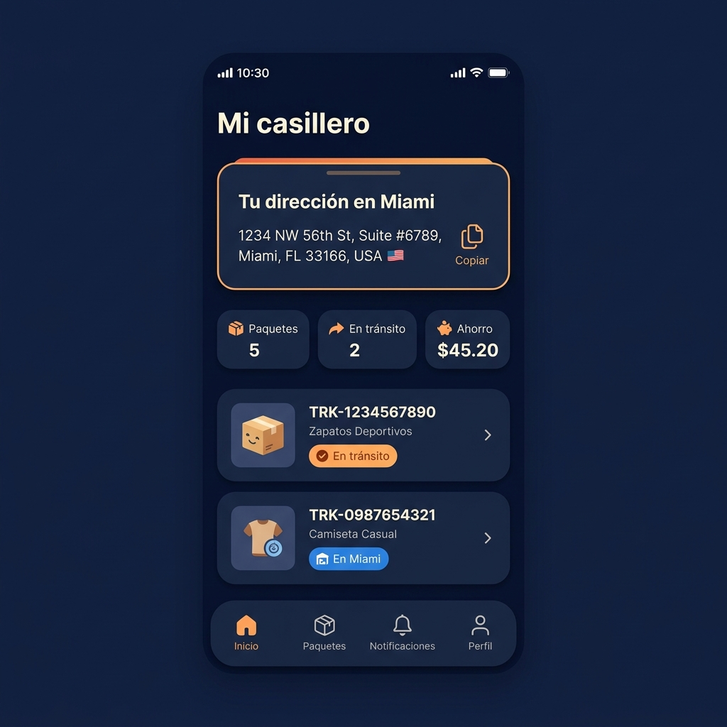Interfaz de la app TUCAJADEUSA: dirección de Miami, paquetes con foto y rastreo en vivo
