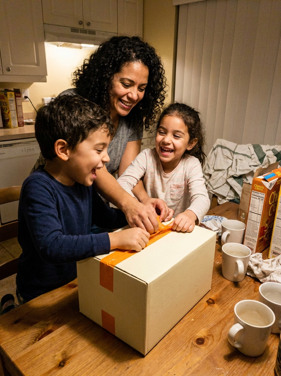 Familia abriendo su caja en la cocina
